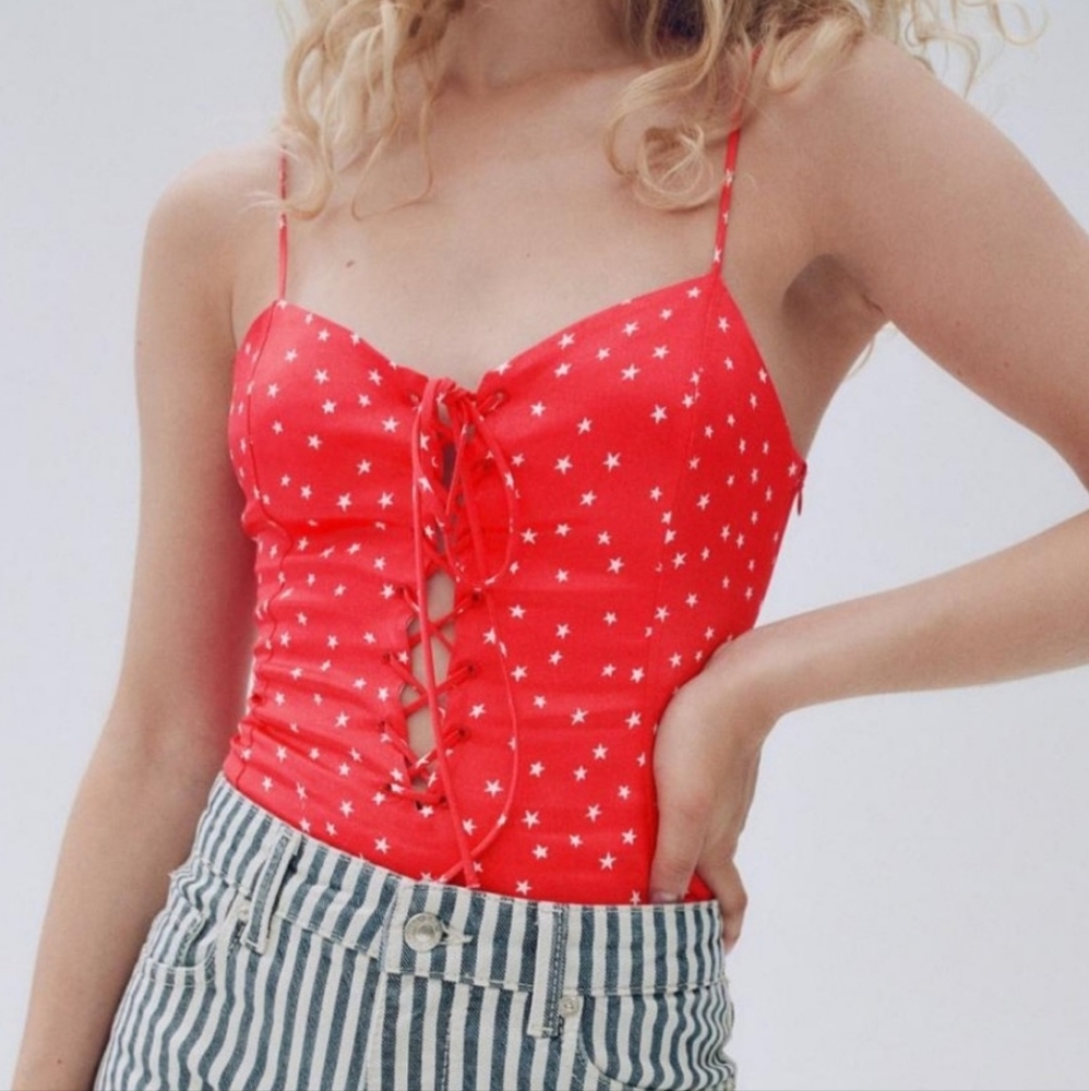 NWT Zara Women Satin Effect Star Red Top Bodysuit, Size XS